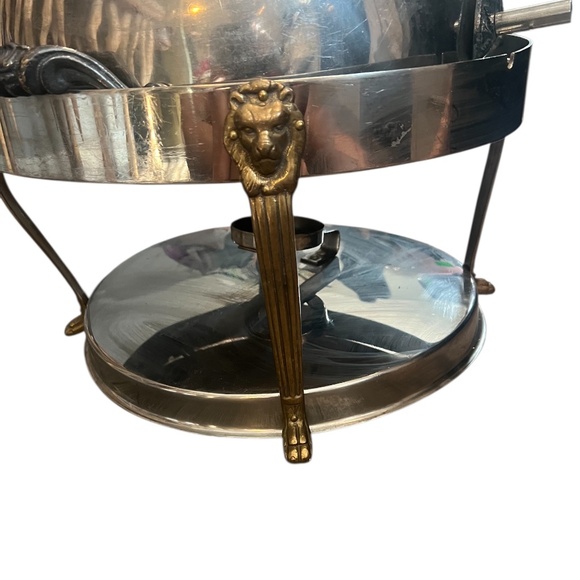 Vintage Silver Plated Steel Lion Head Round Chafer Chafing Dish Brass Legs - Picture 7 of 8